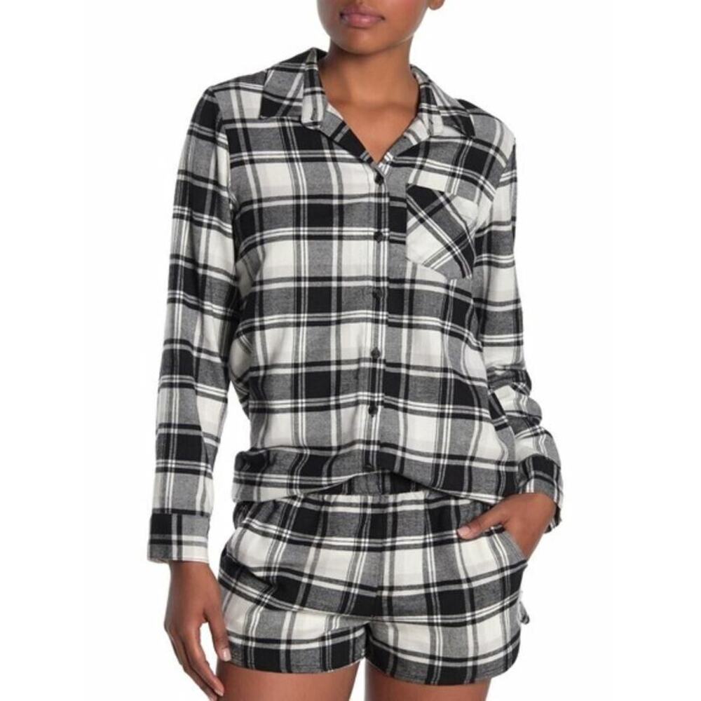 Free Press Women's Plaid Flannel Night Shirt in White Angie Plaid Small‎